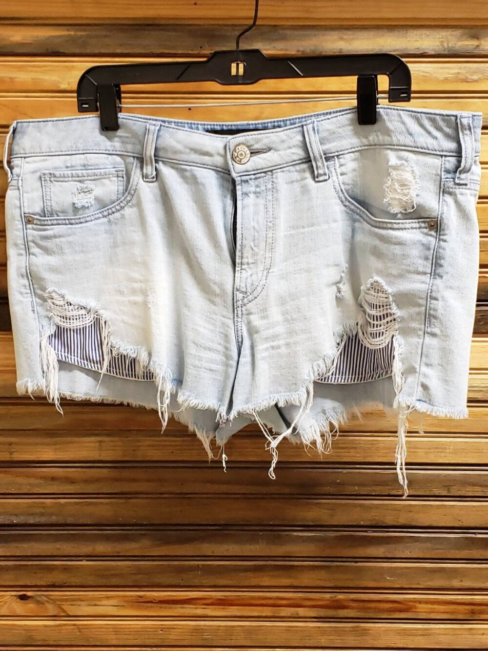 Express Light Wash Distressed Cut Off Denim Shorts with Striped Pockets Size 14
